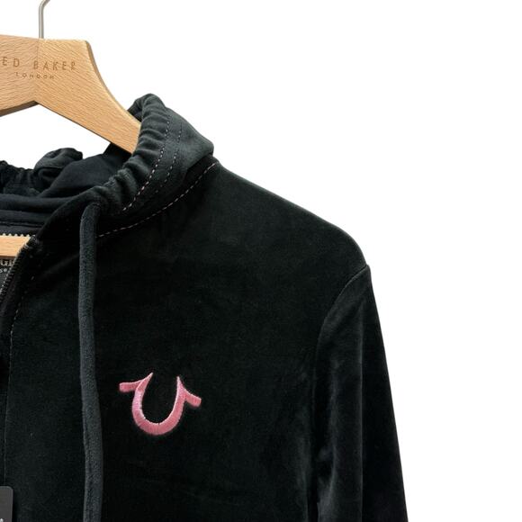 True Religion Velour Lurex Big T Zip Hoodie Black Pink Women’s Size Small - Picture 4 of 10
